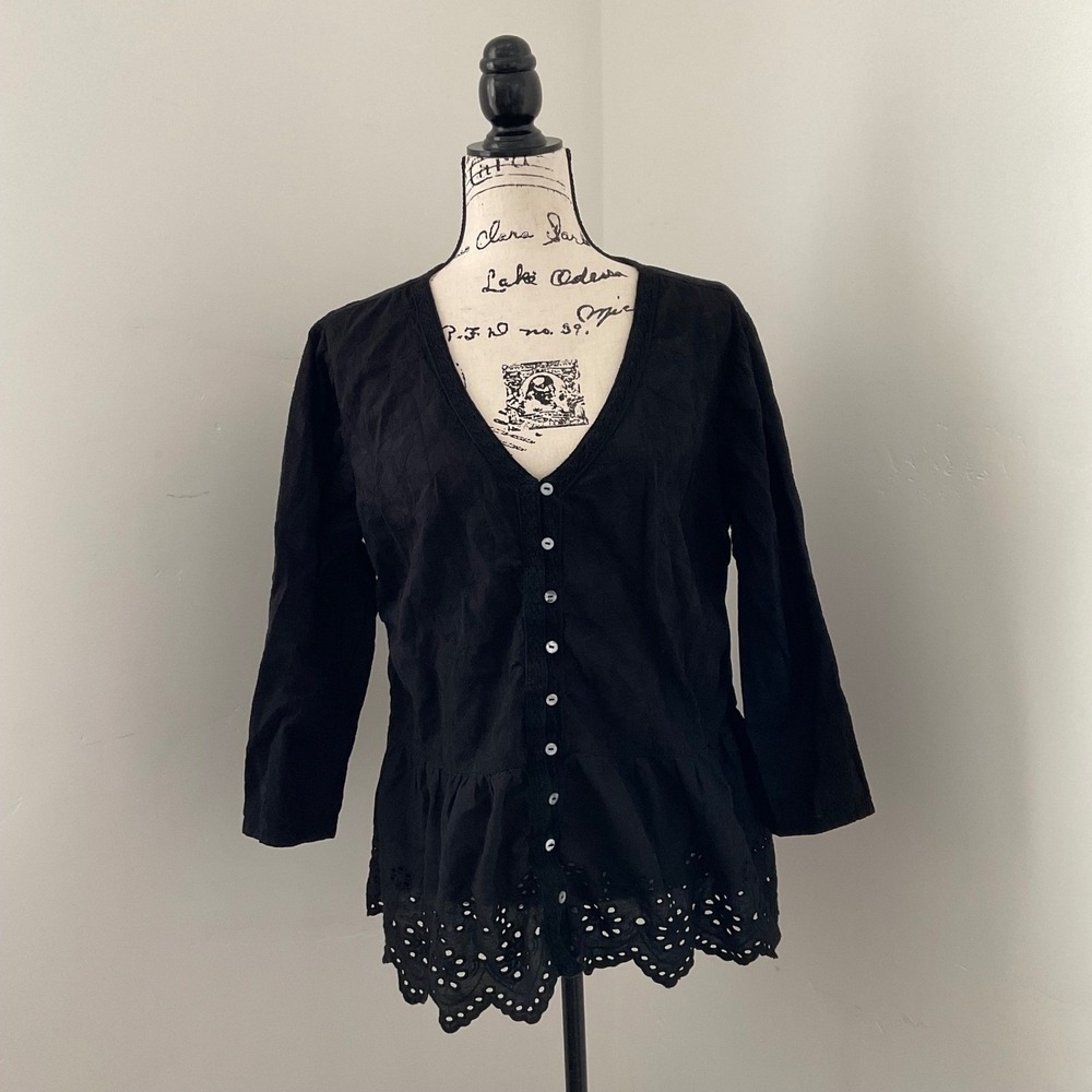 Susan Graver Pure Eyelet Embroidered Peplum Blouse Black V-Neck 1X Boho Casual